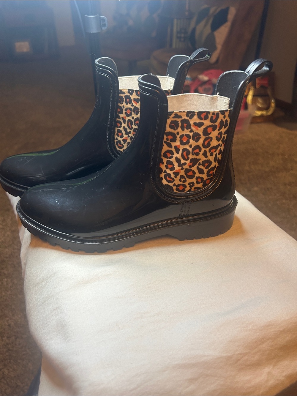 Black Chelsea Rain Booties with Leopard Side Panels